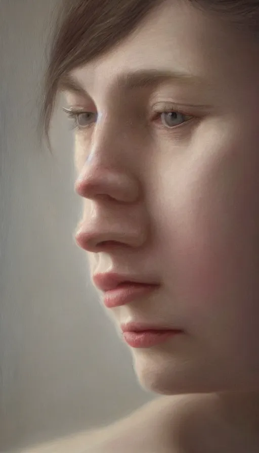 Image similar to cinematic portrait of young and severe woman with a crooked nose, intricate, elegant, by alyssa monks, highly detailed, symmetrical face, fine details, masterpiece, trending on artstation