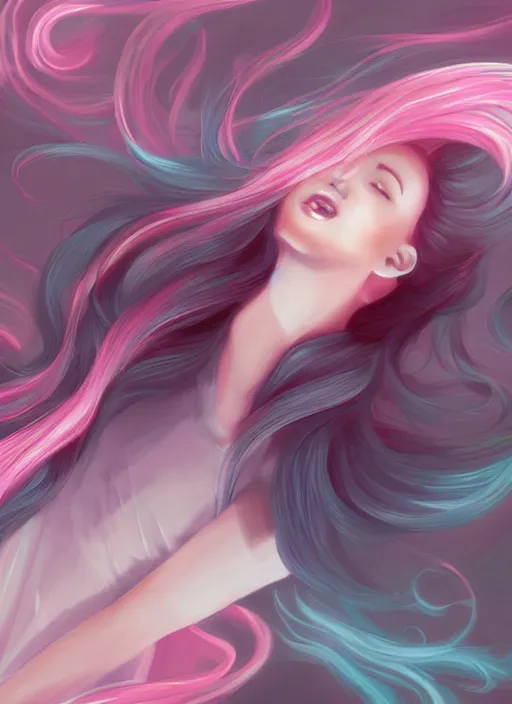 Image similar to digital painting, full body portrait, dynamic poses, anime face, joyful, woman, pink and grey clouds, glowing flowing hair, by lois van baarle, by loish, trending on artstatio