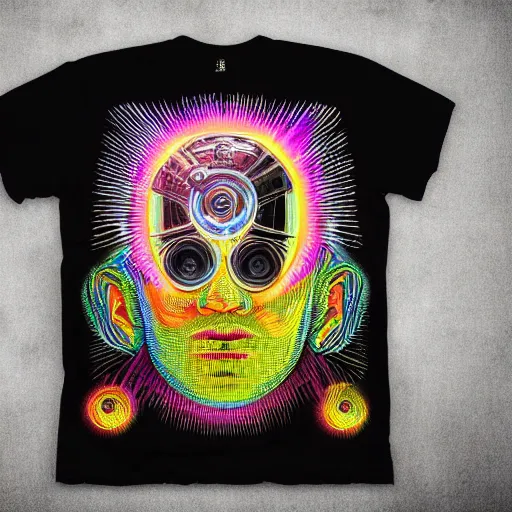 Prompt: mockup of a black tshirt with a hyperdetailed portrait of a steampunk robot by alex grey, 8 k, symetrical, flourescent colors, happy trippy mood, multicolored,