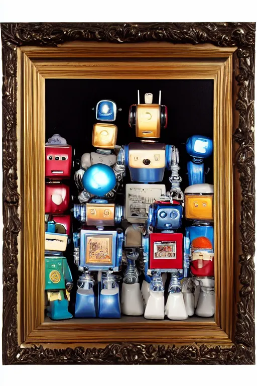 Prompt: A beautiful professional robot family portrait, by Bachrach Studios, 1980s, in an ornate wooden frame