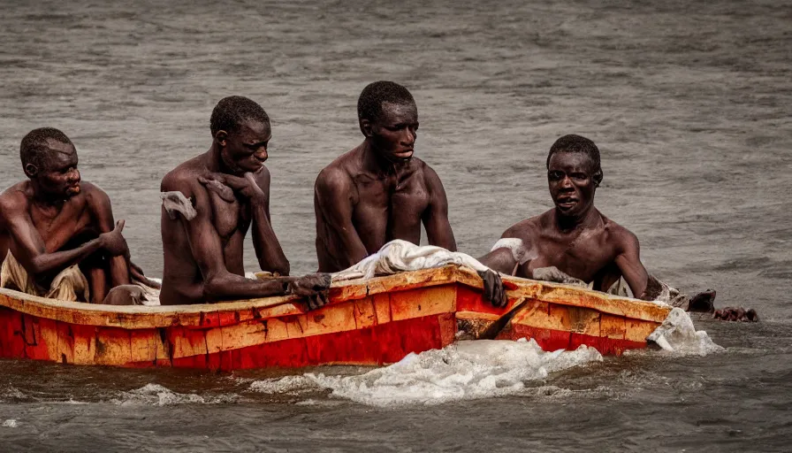 Image similar to movie still by djibril diop mambety of a man in a barque made of flesh on a blood river, leica sl 2, heavy grain, high quality, high detail