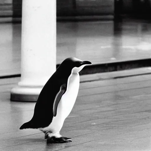 Image similar to A photo of a penguin wearing a conductor's hat at a Chicago train station, 1990, award-winning