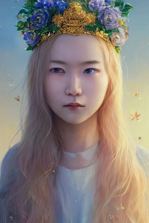 Image similar to a pale Japanese girl with golden hair, floral crown, sad blue eyes, cinematic lighting, ultra detailed, highly detailed, sharp focus, golden background with flowers, golden jewellery with blue sapphires, photographic, art by artgerm and greg rutkowski and zdislav beksinski
