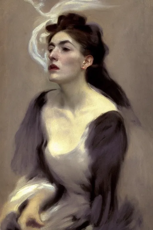 Image similar to 4k Detailed portrait by John Singer Sargent of A woman shrouded in a cloud of smoke