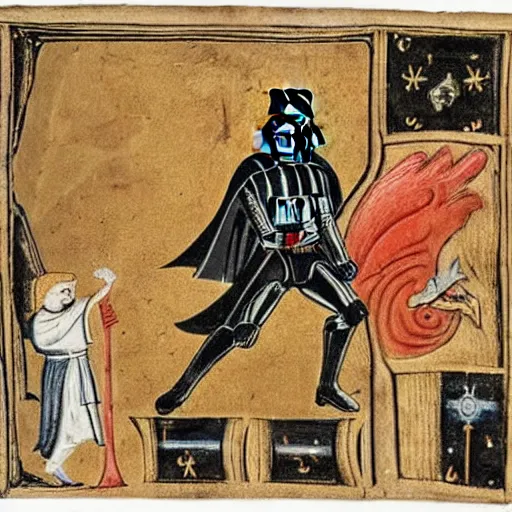 Image similar to darth vader in a medieval manuscript fighting with a dragon, medieval manuscript, golden miniatures