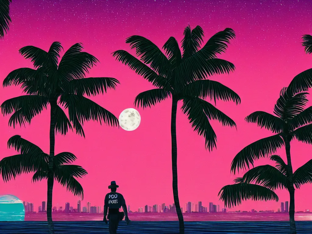 Image similar to cop on a summer night miami beach, city on the background, palm trees, footprints in the sand, full moon reflected in the calm ocean, starry sky, 8 k, ultra detailed, trending on artstation, digital painting, synthwave and retrowave style, pink color scheme