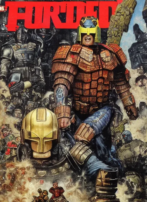 Image similar to full body and head portrait of martyn ford as judge dredd running from the thing, dynamic action, painted by norman rockwell and phil hale and greg staples and tom lovell and frank schoonover and jack kirby