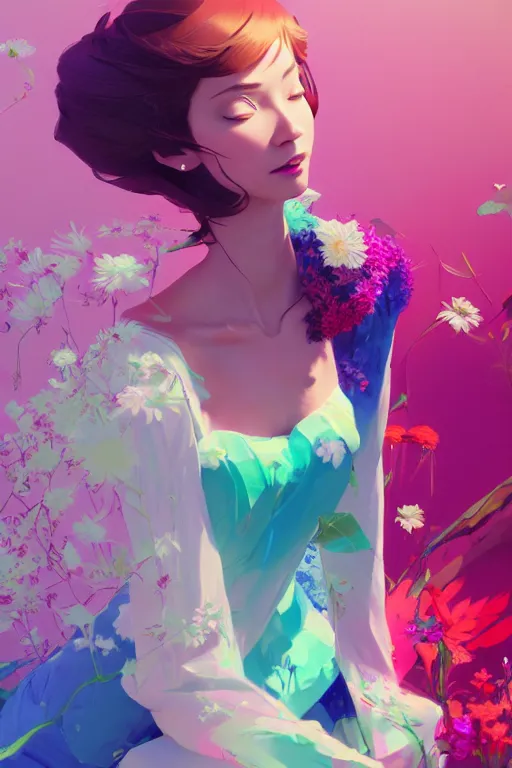 Image similar to elegant, beautiful woman in colourful clothing, ultrafine illustrated, ultradetailed flowery environment, by conrat roset, makoto shinkai, craig mullins, alphonse murac, detailed artwork, extremely detailed and high quality, global illumination, octane render, digital art trending on artstation