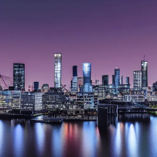 Image similar to skyline of rotterdam at night, 4k, photorealistic