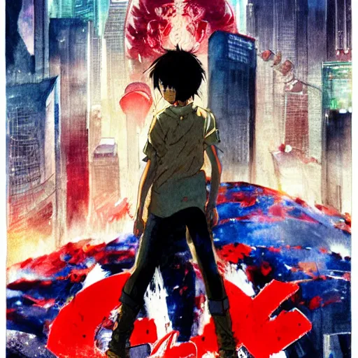 Image similar to vintage movie poster art for akira by trending pixiv fanbox, watercolor, style of makoto shinkai takashi takeuchi yoshiyuki and agnes cecile 4 k concept art