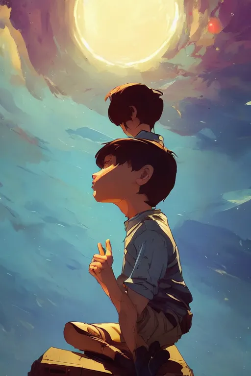 Image similar to a boy looking up into the sky seeing an anxious reflection of himself behance hd artstation by jesper ejsing, by rhads, makoto shinkai and lois van baarle, ilya kuvshinov, ossdraws, that looks like it is from borderlands and by feng zhu and loish and laurie greasley, victo ngai, andreas rocha