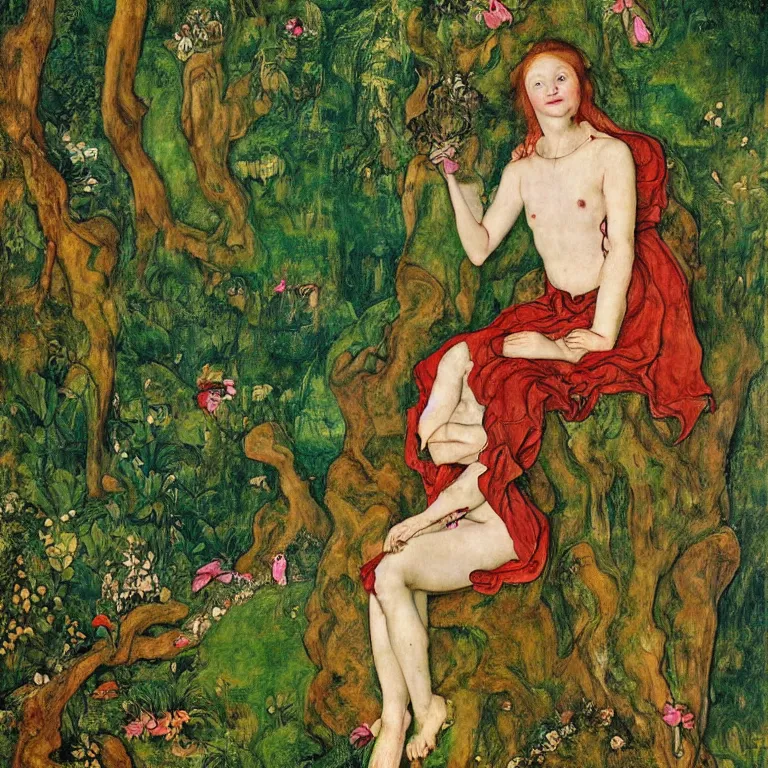 Prompt: a grinning dryad girl, sits lost in thought the middle of a river valley. around her are tropical birds and orchids. painted by jan van eyck, egon schiele and max ernst, trending on artstation, 8 k, award winning, high octane