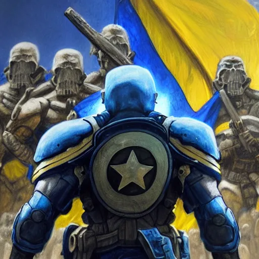 Image similar to a distant full body shot from behind of a super soldier with a yellow and blue flag on his shoulders standing on a pile of skulls in triumph after battle, western, D&D, fantasy, intricate, elegant, highly detailed, digital painting, artstation, concept art, matte, sharp focus, symmetrical, illustration, art by Artgerm and Greg Rutkowski and Alphonse Mucha