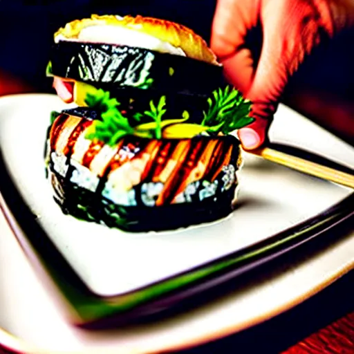 Prompt: The ultimate sushi-burger with extra unagi on a hand carved cherrywood plate. Perfect photography.