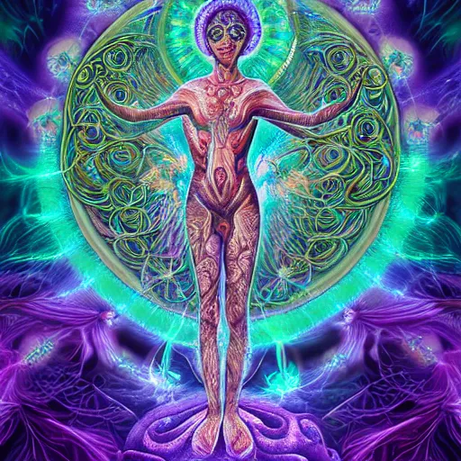 Prompt: hallucionational imaginery spirits, gaia, close up human form with third eye and peacock tail arms and legs outstretched, tree of life, swirls, energy, dream, xray art, symmetrical, in the style of pablo amaringo, alex grey, hana alisa omer, hannah yata, psychedelic, beautiful, octane render 4 k