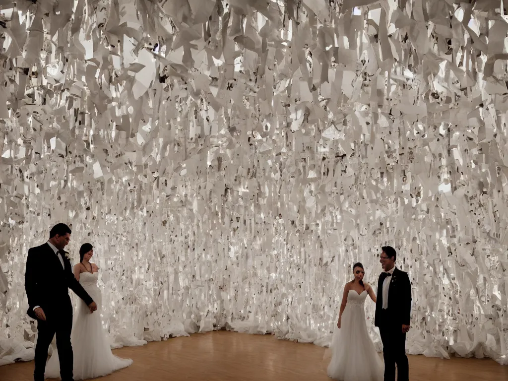 Prompt: a bride and groom walking into a diary paper installation fairytale, romantic hyper detailed cinematic light