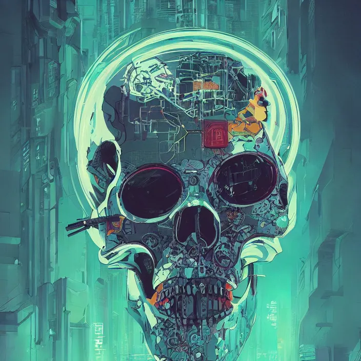 Prompt: a beautiful painting of a cyberpunk skull by pascal blanche and sachin teng and nekro. in style of colorful comic noir illustration, symmetry, sci fi, hyper detailed. octane render. trending on artstation