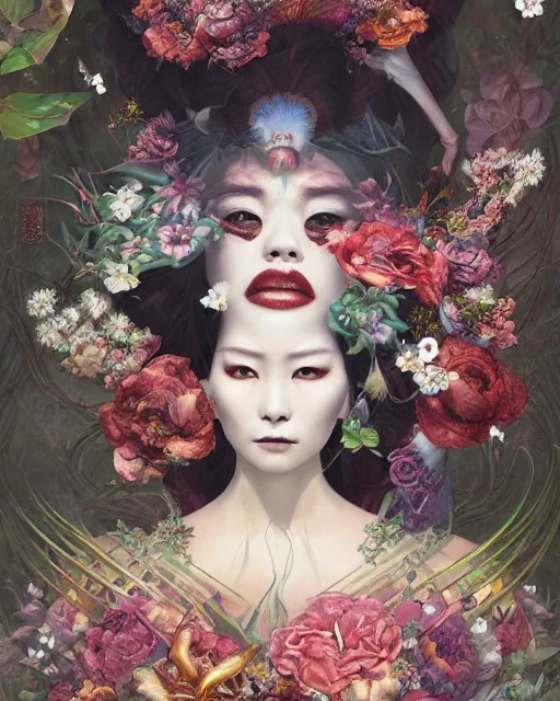 Prompt: portrait of the japanese queen of the underworld, surrounded by flowers by karol bak, james jean, tom bagshaw, rococo, sharp focus, trending on artstation, cinematic lighting, hyper realism, octane render, 8 k, hyper detailed.