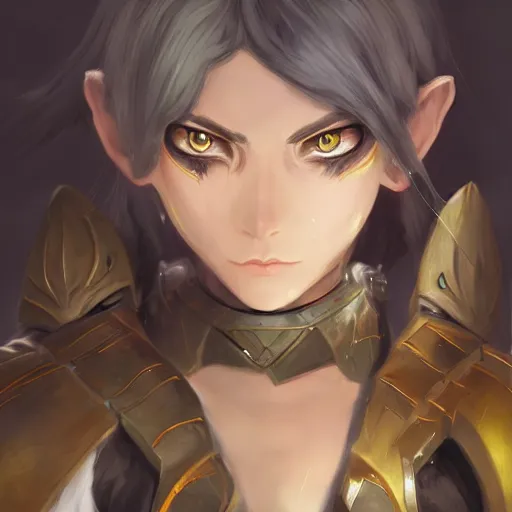 Prompt: a dark elf girl with yellow eyes and hair, ponytail, wearing armor, highly detailed, digital painting, artstation, matte, by makoto shinkai, animation style