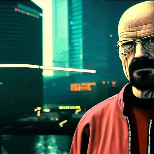 Image similar to walter white from breaking bad in cyberpunk 2 0 7 7 with futuristic city, 4 k, hyper realistic, synthwave, vapor wave, futuristic, advanced