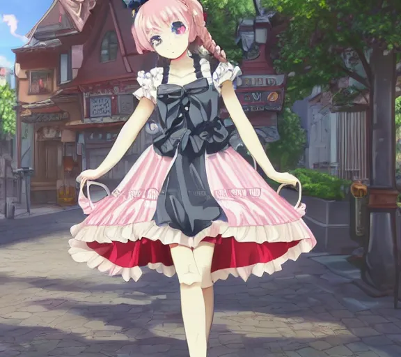 Image similar to a cute girl wearing a lolita dress, she is walking in a busy street, anime art, hd, smooth