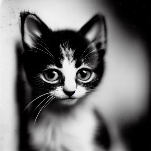 Image similar to a portrait photo of a cute kitten wearing a tuxedo by edward weston, auto graflex, 2 1 0 mm ƒ / 6 4 zeiss tessar, agfa isopan iso 2 5, pepper no. 3 5, 1 9 3 0, high quality photo, highly detailed, studio lighting, fine - art photography, tack sharp