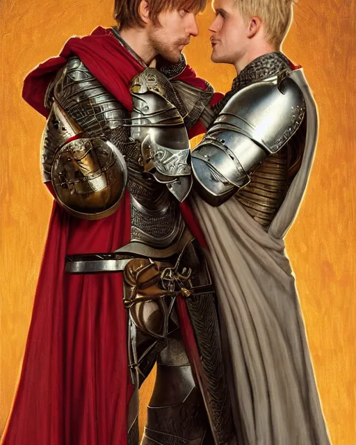 Image similar to attractive arthur pendragon confesses his love to his attractive male knight, they are close to each other, in a quiet moment, they are wearing robes, highly detailed, very intricate, cinematic lighting, by donato giancola and rossdraws and magali villenueve, j. c. leyendecker, featured on artstation