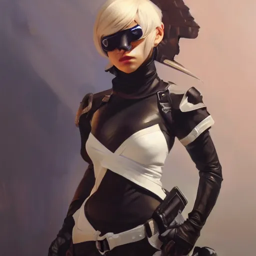 Image similar to greg manchess portrait painting of yorha type a no. 2 as overwatch character, medium shot, asymmetrical, profile picture, organic painting, sunny day, matte painting, bold shapes, hard edges, street art, trending on artstation, by huang guangjian and gil elvgren and sachin teng