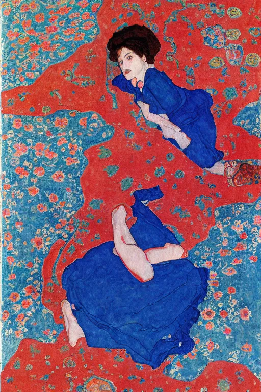 Image similar to girl waer detailed red arabesque blue dress and lay down on a detailed navy persian carpet with a big tree palm persian pot, painting by egon schiele