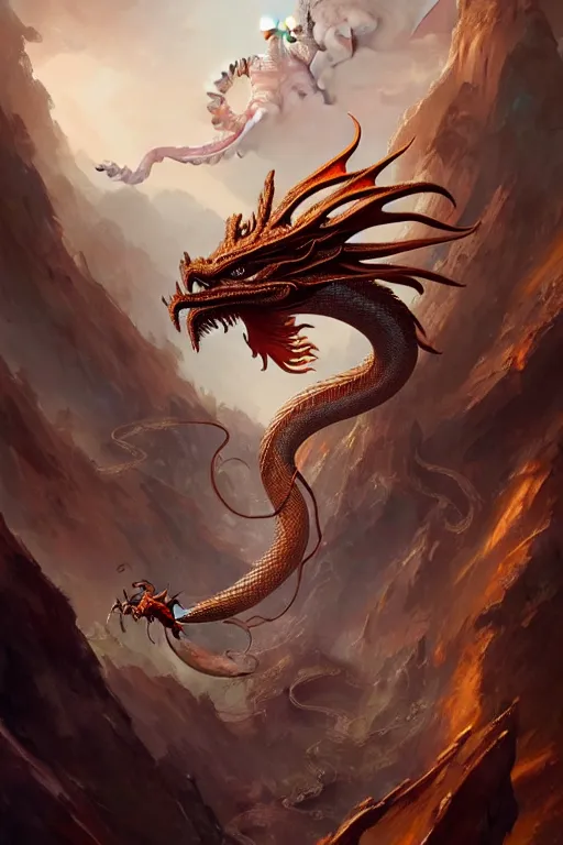 Image similar to the complete dragon has a chinese dragon head, snake body, and eagle claws. the center of the picture hybrid fantasy, intricate, elegant, highly detailed, digital painting, artstation, concept art, matte, sharp focus, illustration by peter mohrbacher justin gerard zhang yu