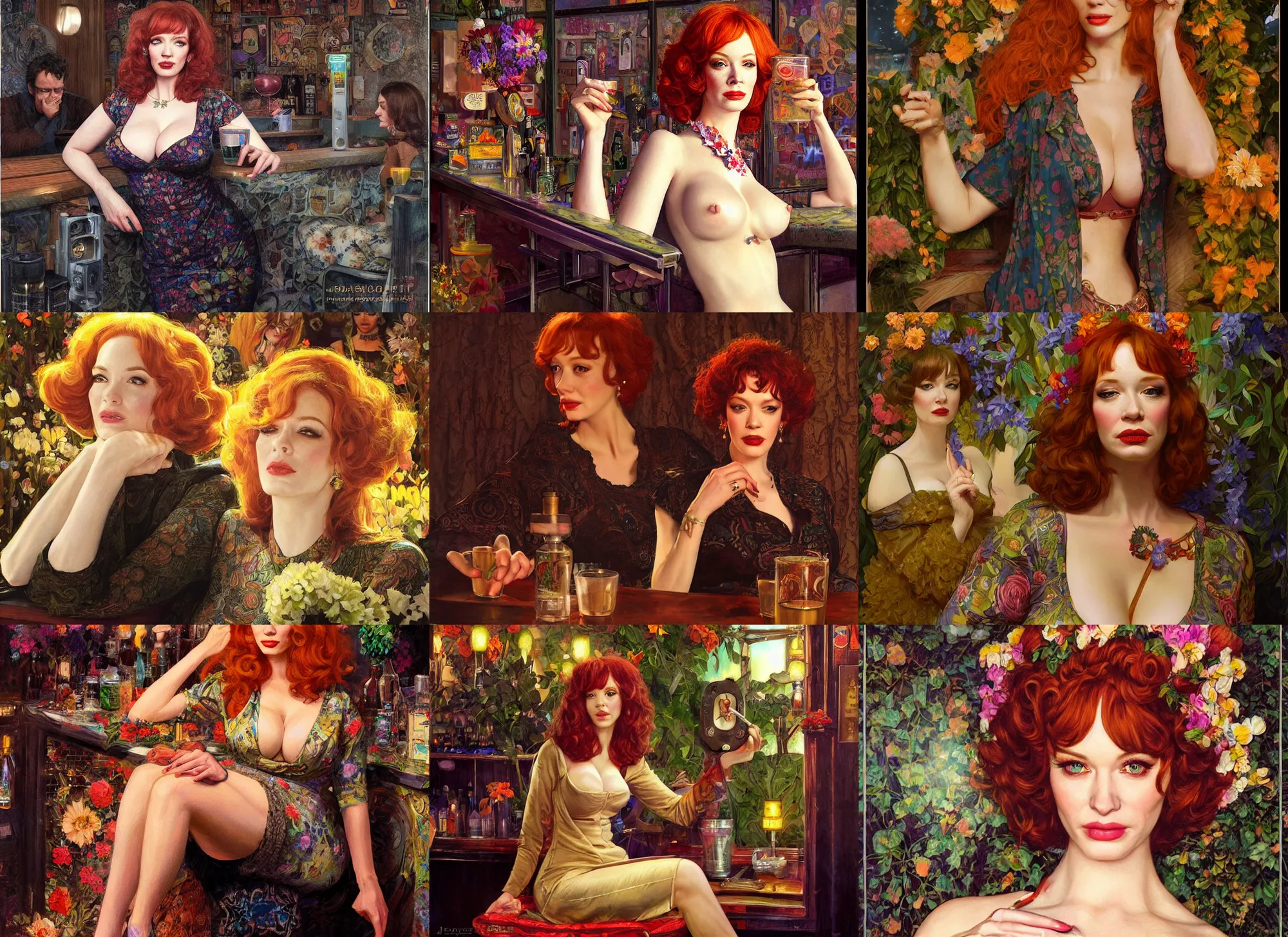 Prompt: Christina Hendricks as a 1960s flower power hippy relaxing in a smokey dark bar, elegant, highly detailed, depth of field, Artstation, Artgerm, Donato Giancola and Joseph Christian Leyendecker