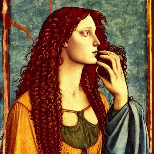 Prompt: half - length portrait of beautiful witch circe with curly hair, gathered in long braids, while she puts the poison in a cup, in the odyssey, art by giotto, leonardo da vinci, moebius, sarah moon