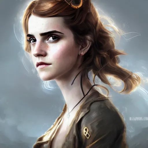 Image similar to steampunk portrait of emma watson, au naturel, hyper detailed, digital art, trending in artstation, cinematic lighting, studio quality, smooth render, unreal engine 5 rendered, octane rendered, art style by klimt and nixeu and ian sprigger and wlop and krenz cushart.