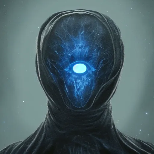 Prompt: award - winning. trending on artstation. 4 k. eerie tone. a faceless astral figure wearing a hooded cape made of the night sky with 1 5 dark blue glowing eyes on its face and rows of teeth on its chest. full - body. portrait.