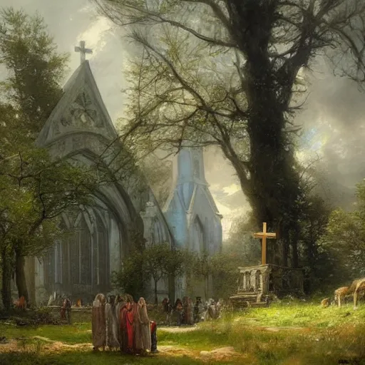 Image similar to a church made of trees and plants, druids, fantasy art, by greg rutkowski, by andreas achenbach,