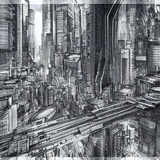 Image similar to a pencil drawing of cyberpunk Manila in the far future