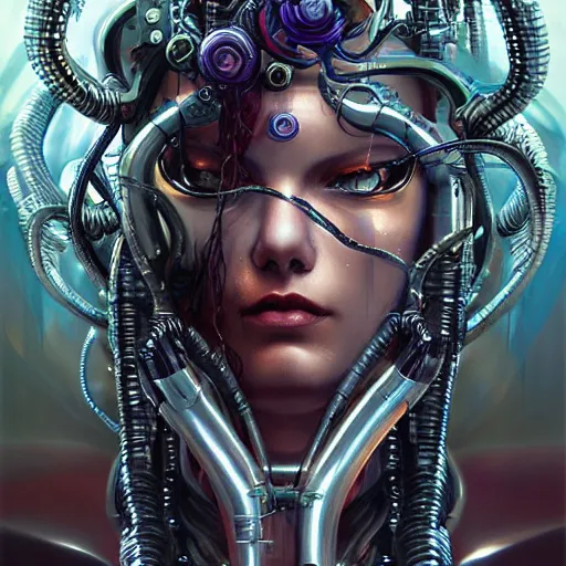 Image similar to medusa as a cybernetic being by raymond swanland, highly detailed, bright tones