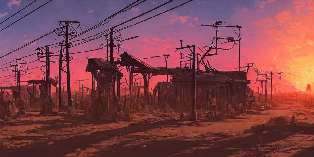 Prompt: train station roadside old west saloon cyber punk post apocalyptic telephone poles cactus graveyard sunset sky clouds illustration by syd mead artstation 4 k 8 k graphic novel concept art matte painting unreal engine ue 5