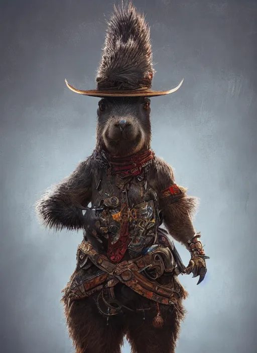 Image similar to detailed full body concept art illustration dark oil painting of an anthropomorphic capybara cowboy in full intricate clothing, biomutant, ultra detailed, digital art, octane render, 4K