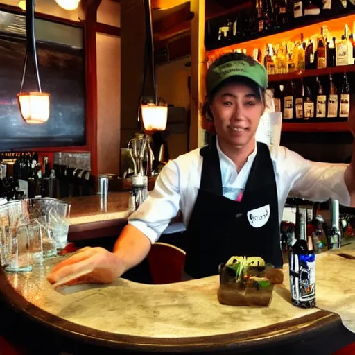 Prompt: Japanese spider crab as bartender at the Bar Hemingway