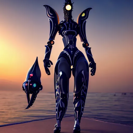 Image similar to looking up at a highly detailed 300 foot tall giant exquisite beautiful female warframe, as an anthropomorphic robot dragon, posing elegantly over your tiny form, camera on the ground, at the beach on a sunset, sleek streamlined design, streamlined matte black armor, sharp detailed claws, detailed sharp robot dragon feet, giantess shot, upward shot, ground view shot, front shot, cinematic shot, high quality warframe fanart, captura, realistic, professional digital art, high end digital art, furry art, giantess art, anthro art, DeviantArt, artstation, Furaffinity, 8k HD render, epic lighting