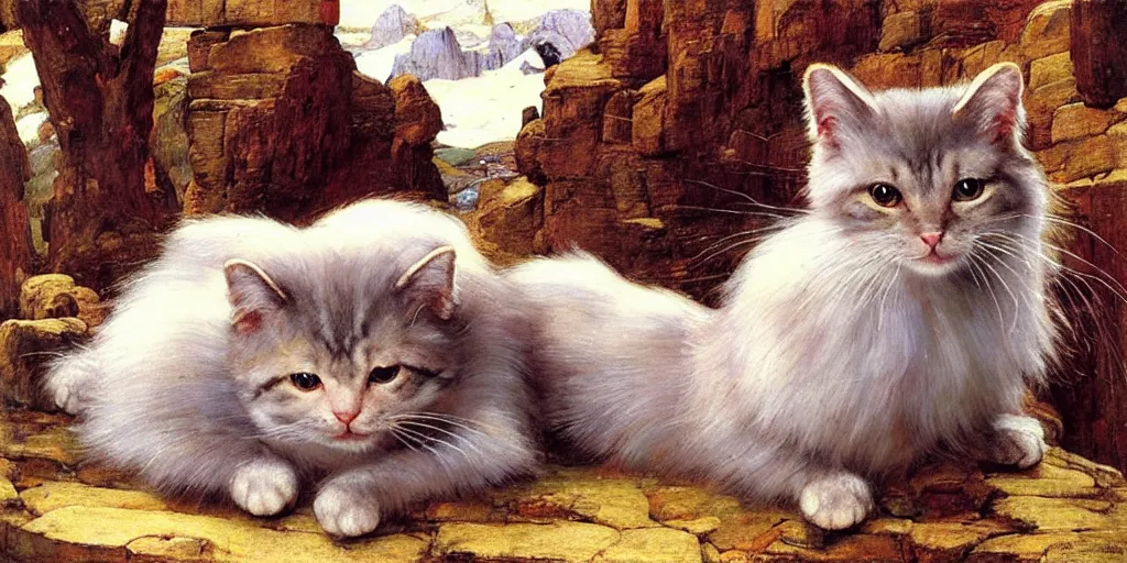 Image similar to 3 d precious moments plush cat with realistic fur, snowy mountain landscape, john william waterhouse color palette, master painter and art style of john william waterhouse and caspar david friedrich and philipp otto runge