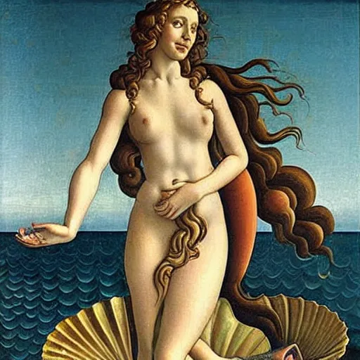 Prompt: standing portrait of Whitney Houston as Botticelli's Venus standing on a sea shell, as in birth of venus, accurate face