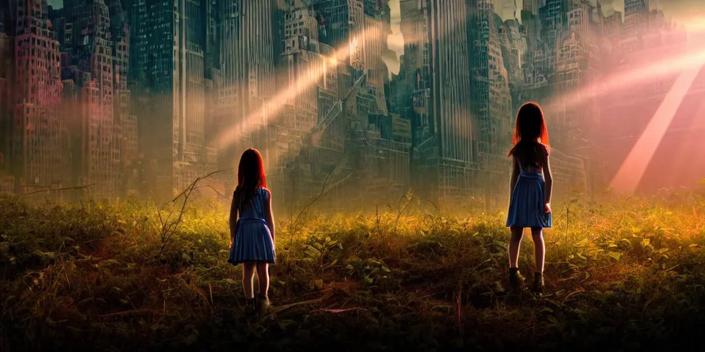 Image similar to sci - fi scene future new york city, little girl by herself in abandoned manhattan holding onto the outstretched hand of a giant robot, forest punk, little girl meets robot, crepuscular rays, epic scene, hyper realistic, photo realistic, overgrowth, cinematic atmosphere, ethereal lighting,