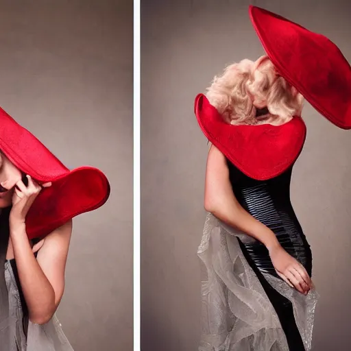 Image similar to fine art portrait photography half - length portrait of stunning girl in a red hat and black dress, kodak portra 4 0 0, 8 k, soft light, volumetric lighting, highly detailed,,