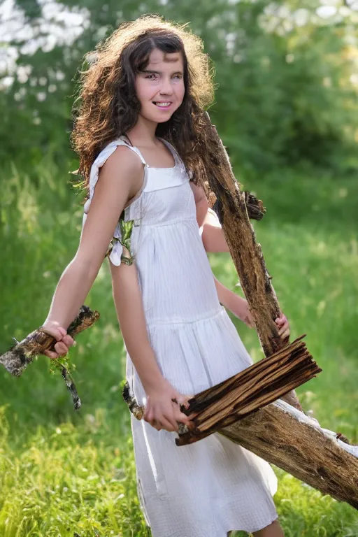 Image similar to a middle-school girl with unkempt wavy short brown hair wearing a white dress and holding a bundle of firewood, high resolution film still, 8k, HDR color, short hair