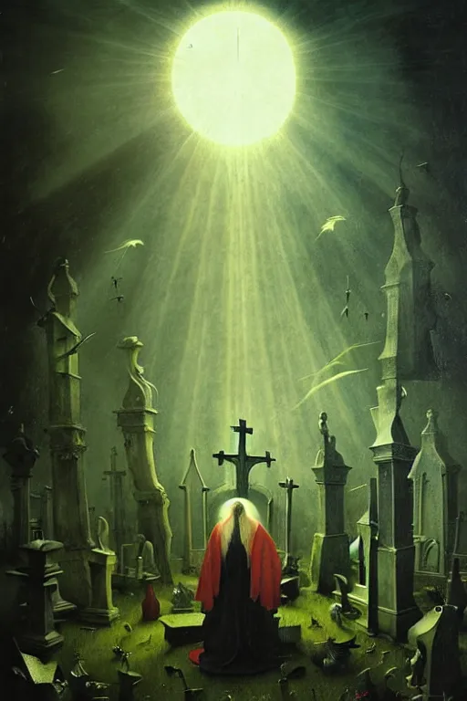 Image similar to hieronymus bosch, greg rutkowski, anna podedworna, painting of a hand made of raven feathers reaching down from the clouds, god rays, wide shot of a graveyard lit by spooky green lights