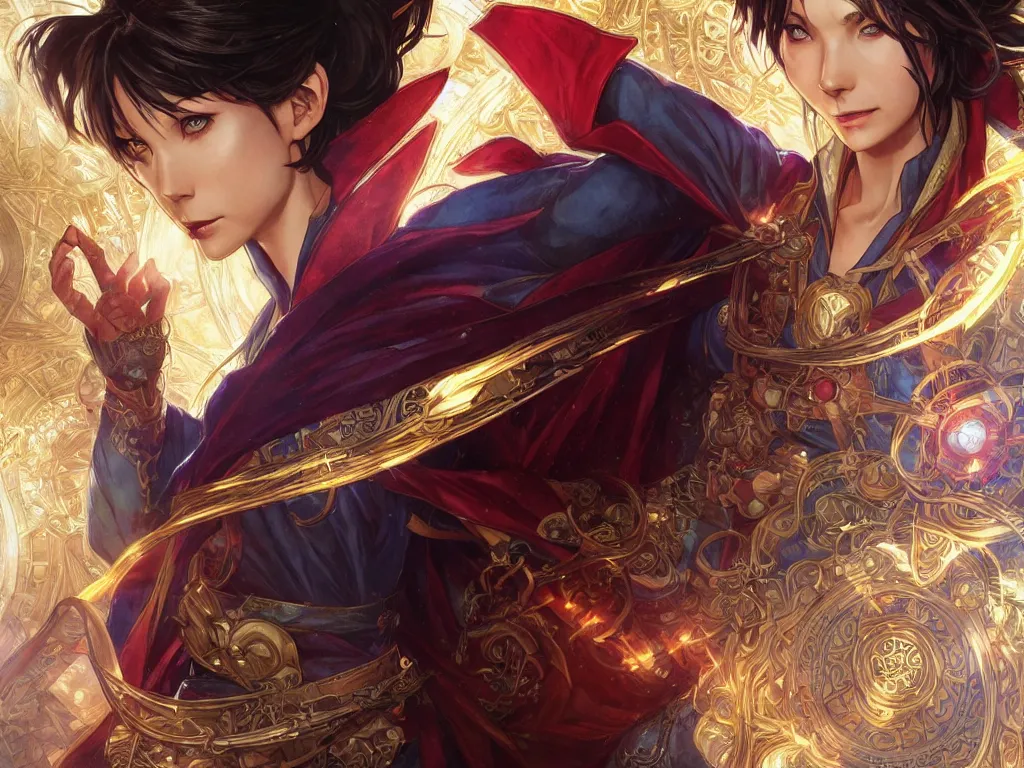 Image similar to anime key visual of one beautiful female doctor strange, marvel comics, spells, magic, intricate, inside magical temple stunning, highly detailed, digital painting, artstation, smooth, hard focus, illustration, art by artgerm and greg rutkowski and alphonse mucha