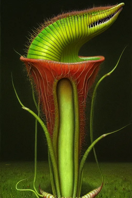 Prompt: a hyperrealistic painting of a guy caught in a venus flytrap carnivorous plant tundra, by john kenn mortensen and zdzislaw beksinski, highly detailed, vivid color,