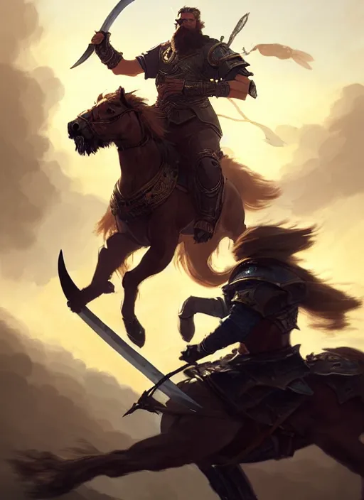 Image similar to epic bearded war commander holding two gigantic sword and wearing shield riding a running horse. highly detailed, digital painting, concept art, smooth, sharp focus, illustration, art by greg rutkowski